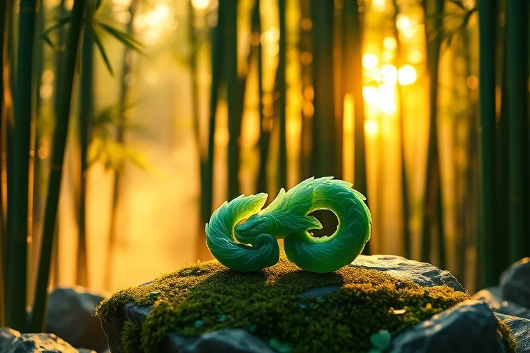 Bosque de bambú sereno al amanecer, con un artefacto de jade en forma de escama de dragón sobre rocas, simbolizando el legado y la sabiduría ancestral.