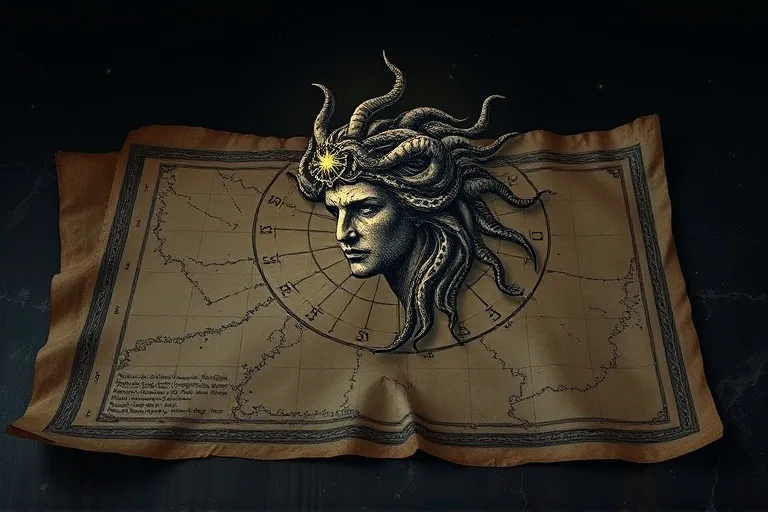 Un antiguo pergamino astrológico abierto, mostrando un mapa estelar detallado de la constelación de Perseo. Se observa una ilustración mitológica de la cabeza de Medusa, con serpientes entrelazadas y una expresión petrificante, en el lugar de la estrella Algol. La iluminación es tenue, con un halo místico.