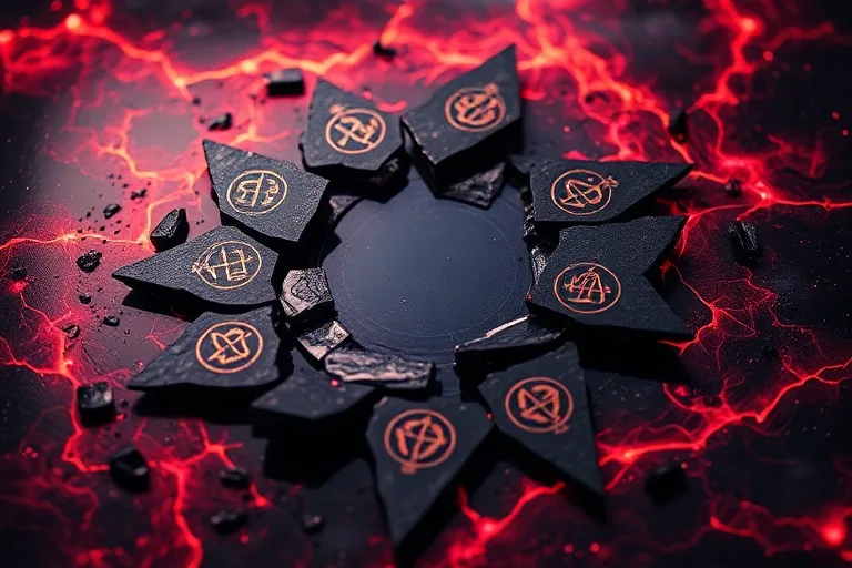 Una representación abstracta de energía intensa y transformación. Un espejo roto de obsidiana, con fragmentos dispersos, refleja un torbellino de colores oscuros y vibrantes como el púrpura, el rojo y el negro. Símbolos arcaicos grabados en la superficie, iluminados por una luz dramática que acentúa la fragmentación y la profundidad.