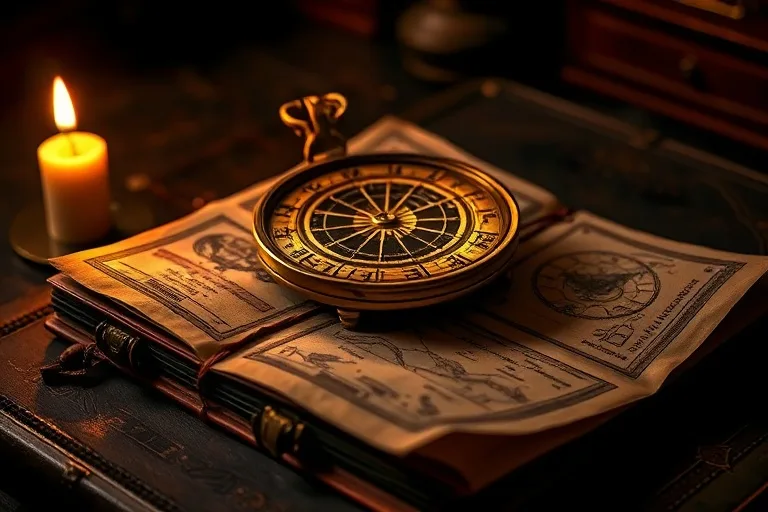 Bodegón de un astrolabio antiguo sobre un libro de astrología, con pergaminos y una vela, evocando el estudio de las estrellas.