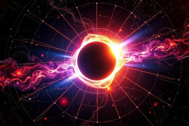 Ilustración 3D abstracta de energías cósmicas interconectadas, con líneas brillantes y formas de eclipse que simbolizan fuerzas celestes.