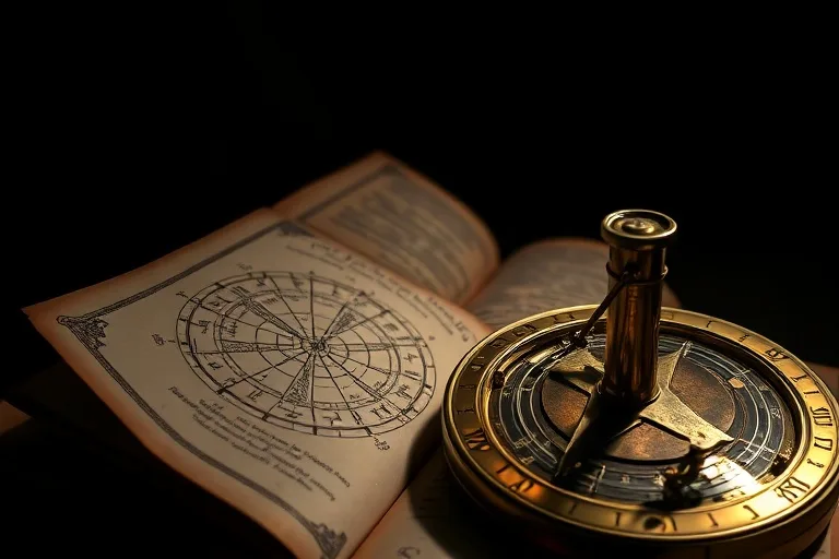 Fotografía macro de un antiguo libro de astrología abierto junto a un astrolabio, simbolizando el estudio de puntos ocultos en el cosmos.