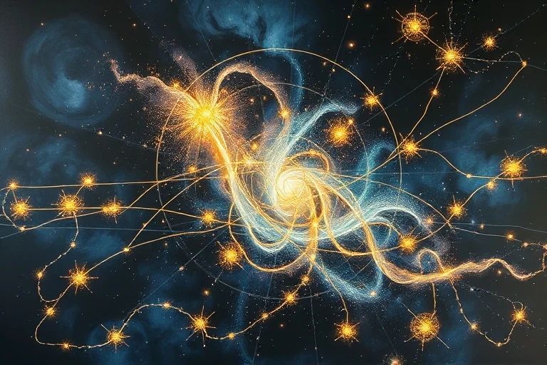 Pintura al óleo abstracta que representa hilos kármicos entrelazados sobre un fondo cósmico, simbolizando el destino y las conexiones de vidas pasadas.