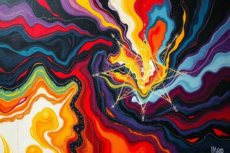 Pintura al óleo abstracta con remolinos de colores vibrantes que representan emociones en conflicto y en armonía, con una forma geométrica central que emerge del caos.