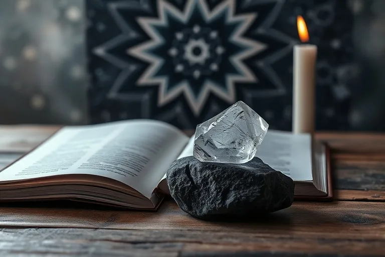 Fotografía de bodegón de un diario abierto con páginas en blanco, una vela sin encender y un cristal pulido sobre una piedra oscura, simbolizando la reflexión y el potencial.