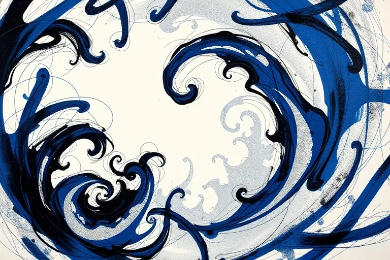 Pintura abstracta al óleo con patrones arremolinados en índigo y plata, con destellos metálicos que evocan energía cósmica y conexión lunar.