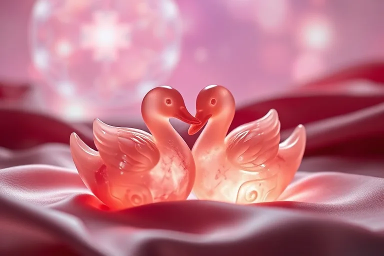 Dos patos mandarines de cuarzo rosa, símbolo de amor y fidelidad, sobre una tela de seda rosa, con un brillo suave.