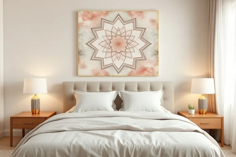 Dormitorio sereno con dos lámparas de noche idénticas, cama bien hecha y un cuadro abstracto sobre ella, creando un ambiente de equilibrio.