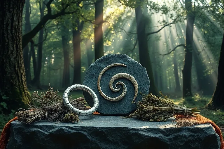 Bodegón cinematográfico de antiguos artefactos celtas: un torc de plata, un tallado de triple espiral y hierbas secas sobre un altar de piedra en un bosque místico.