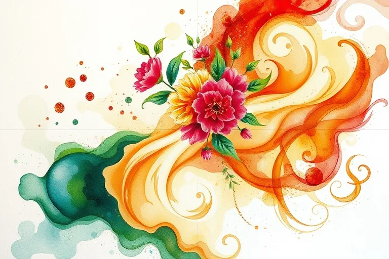Pintura acuarela abstracta que representa las estaciones celtas: nieve y brotes para Imbolc, flores para Beltane, campos dorados para Lughnasadh y hojas otoñales para Samhain.