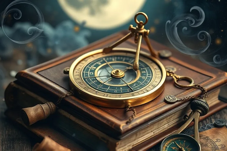 Fotografía macro de un antiguo astrolabio de latón sobre un libro de cuero gastado, iluminado por la luz de la luna, con pergaminos astrológicos y una brújula, capturando la textura y la profundidad histórica.