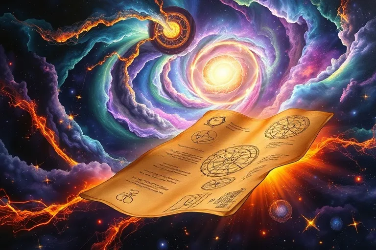 Pintura al óleo conceptual de un paisaje cósmico con nebulosas formando redes neuronales y un pergamino antiguo con símbolos astrológicos