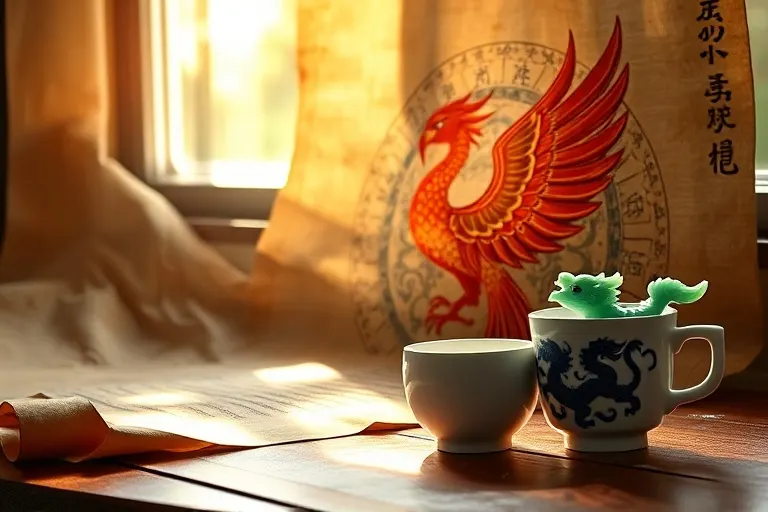 Fotografía de bodegón de un pergamino chino antiguo con un Fenghuang, una talla de jade de un pájaro mítico y una taza de té de porcelana con un dragón, iluminados por luz natural.