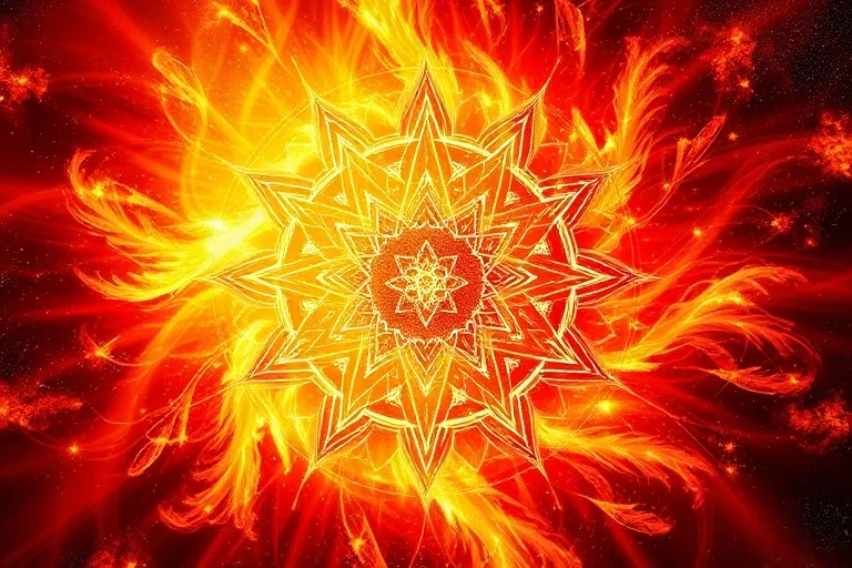 Arte conceptual abstracto de un vórtice de energía dorada y carmesí con patrones etéreos de plumas, evocando transformación y renovación espiritual.