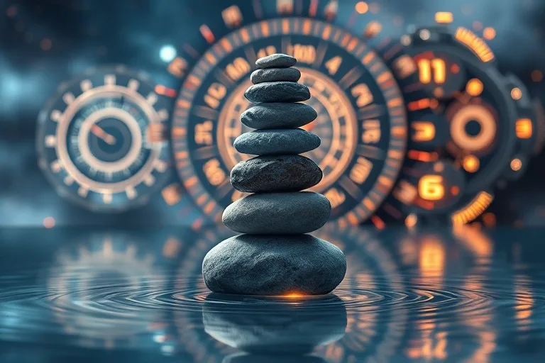 Arte conceptual de un cairn de piedras perfectamente equilibrado en agua, con mecanismos de reloj de fondo.