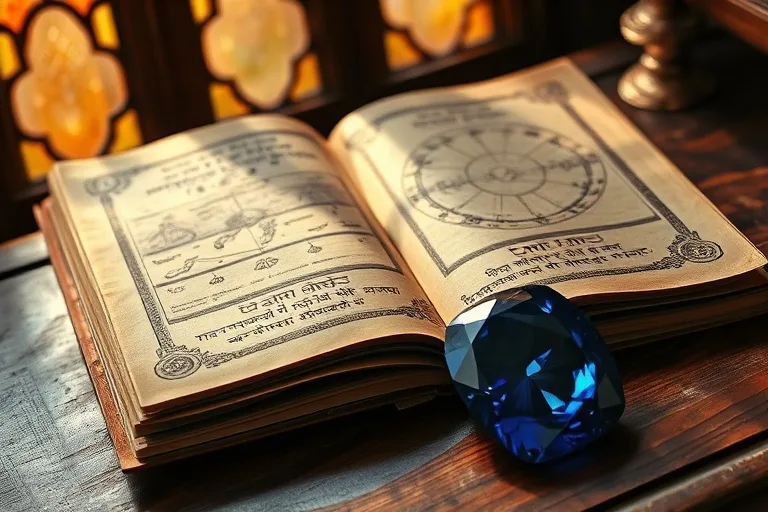 Fotografía vintage de un manuscrito Jyotish abierto con diagramas astrológicos, junto a un zafiro azul brillante sobre un escritorio de madera antiguo.