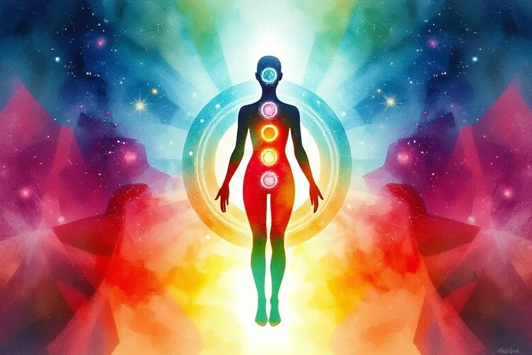 Pintura abstracta de acuarela que representa una silueta humana con chakras brillantes, rodeada de colores translúcidos de gemas, simbolizando el equilibrio interno.