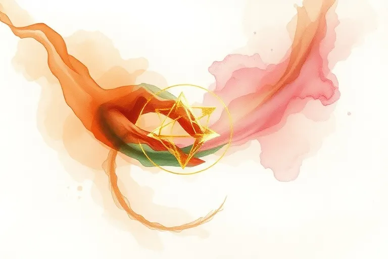 Pintura acuarela abstracta de dos flujos de energía entrelazados, uno terroso y otro rosado/dorado, fusionándose en un símbolo geomántico armonioso.
