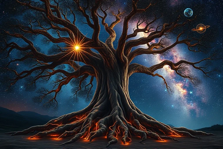 Pintura al óleo de un árbol ancestral con raíces en patrones terrestres y ramas hacia un cielo con alineaciones planetarias.