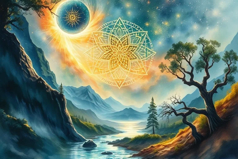 Pintura acuarela abstracta de energía cósmica fluyendo hacia un paisaje terrestre. Figuras geománticas estilizadas se integran sutilmente en montañas, ríos y árboles, con colores azules, verdes, marrones y toques dorados.