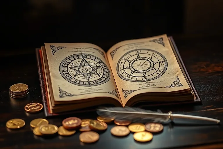 Bodegón de un grimoire abierto con símbolos geománticos, monedas de oro antiguas y una pluma, sobre un escritorio de madera.