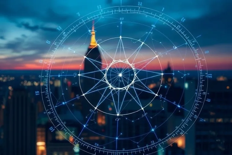 Arte conceptual de una rejilla geomántica etérea sobre un fondo borroso de un distrito financiero moderno al anochecer, con líneas de luz azul.
