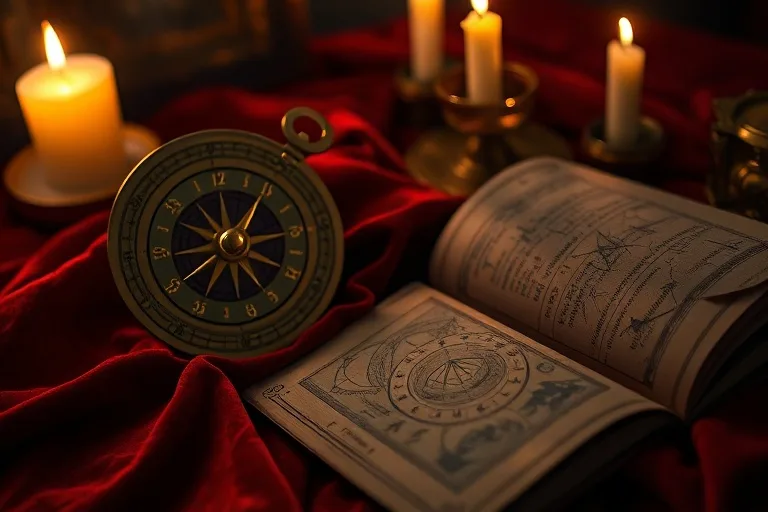 Astrolabio de latón antiguo sobre terciopelo, junto a un libro de cuero con símbolos numéricos iluminados, luz de vela dramática, sentido de sabiduría antigua.