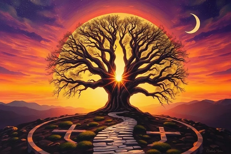 Pintura al óleo de un paisaje al atardecer con un cruce de caminos, donde patrones geománticos se integran en las formaciones naturales, con un roble antiguo en el centro.