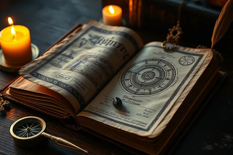 Libro antiguo de geomancia con figuras y herramientas esotéricas