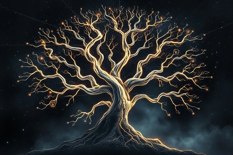 Render 3D de un árbol de decisiones abstracto con caminos luminosos