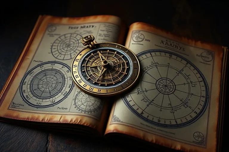 Astrolabio antiguo sobre un libro de cartas celestes, simbolizando la conexión entre la astronomía y la geometría sagrada.