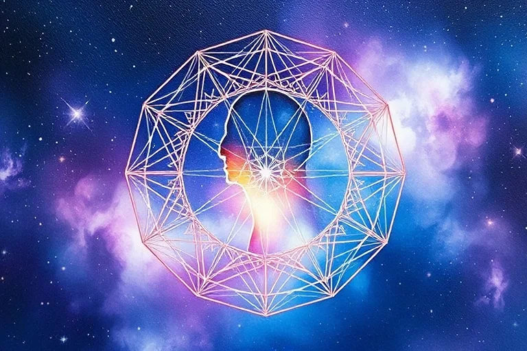 Pintura acuarela abstracta de formas geométricas etéreas que se fusionan en una silueta humana, simbolizando la conexión con patrones universales.