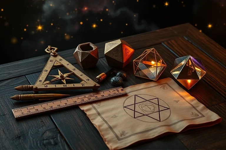 Instrumentos antiguos de geometría sobre una mesa de madera