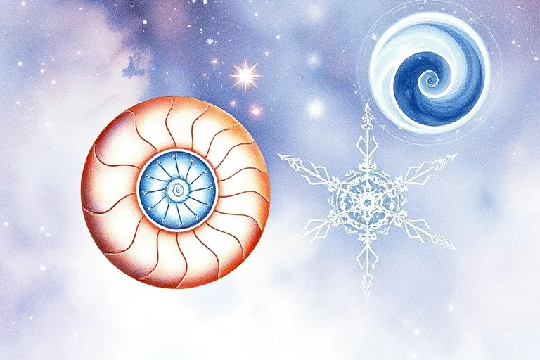 Pintura de acuarela de una concha de nautilus y un copo de nieve, con un fondo sutil que evoca una galaxia, destacando patrones naturales de geometría sagrada.