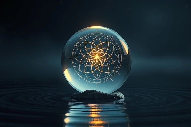 Símbolo de la semilla de la vida en orbe de cristal sobre agua