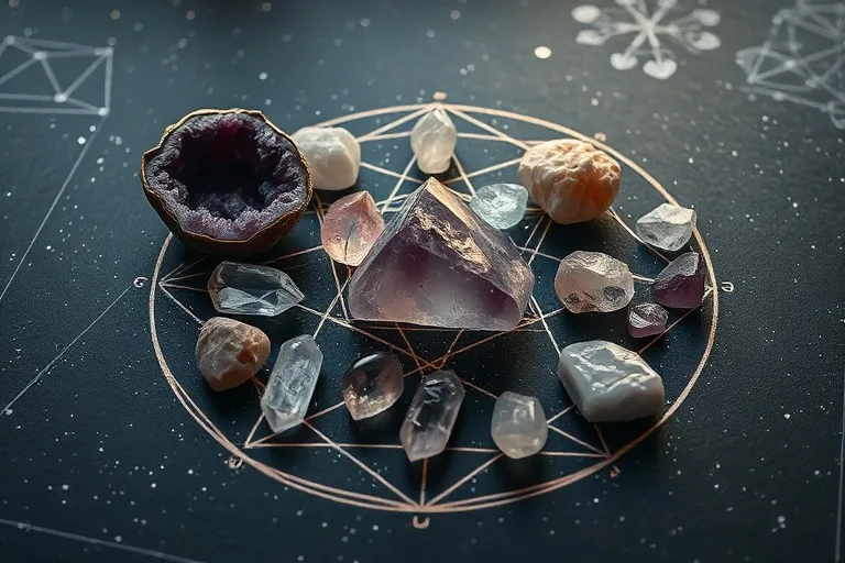 Bodegón cinematográfico de cristales pulidos y en bruto dispuestos sobre un patrón de geometría sagrada dibujado, con una luz suave que crea sombras y reflejos, evocando sabiduría y energía.