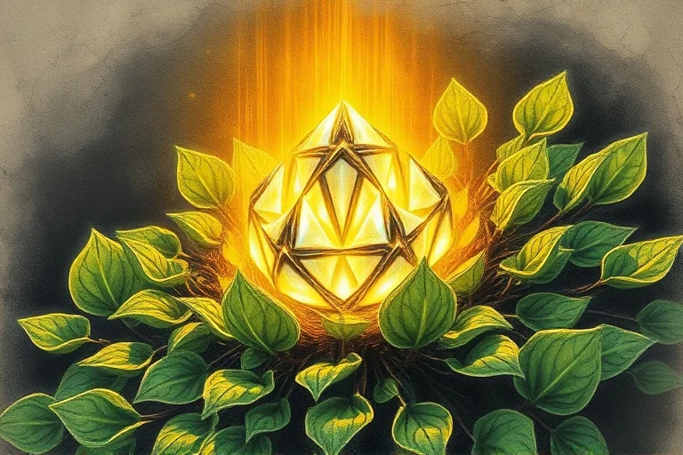Arte conceptual de ríos dorados de luz entrelazados con follaje verde vibrante, emergiendo de una estructura central brillante similar a una semilla, simbolizando un flujo dinámico de crecimiento y prosperidad.