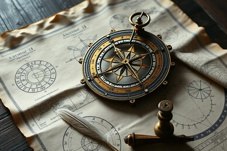 Fotografía cinematográfica de un antiguo astrolabio de bronce, con sus intrincados engranajes y punteros, iluminado por una luz suave. Alrededor, pergaminos con símbolos astrológicos y una pluma de ave, simbolizando la precisión y el estudio de los puntos de poder.