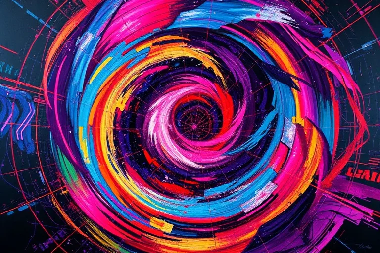 Pintura al óleo abstracta de un vórtice de colores vibrantes, con líneas nítidas que se cruzan y divergen, simbolizando momentos de cambio intenso y revelación. La composición evoca un flujo energético y una profunda metamorfosis interna.