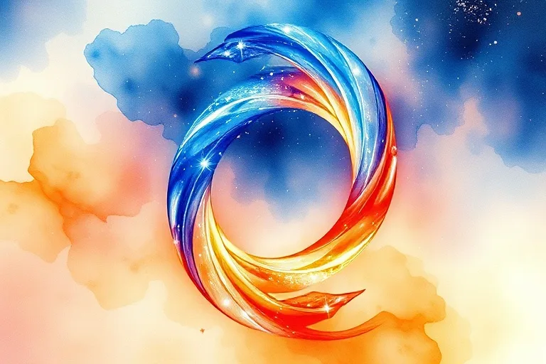 Pintura abstracta en acuarela de dos cintas de luz entrelazadas, una ascendente azul y otra descendente naranja, simbolizando la conexión y la dualidad cósmica.