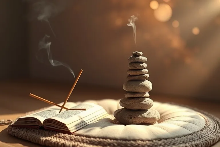 Fotografía de bodegón de un cojín de meditación sereno, incienso, escritura védica y un cairn de piedras equilibrado en luz suave