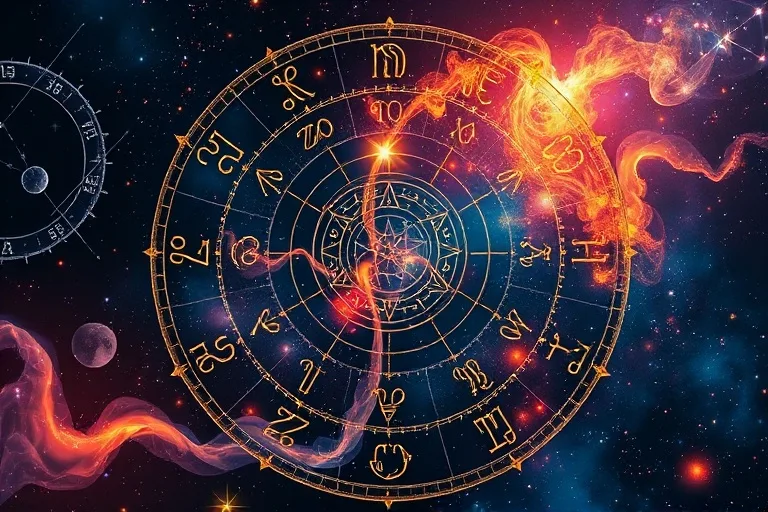 Arte conceptual de símbolos astrológicos entrelazados con patrones de energía que representan Sattva (calma), Rajas (actividad) y Tamas (densidad) en un lienzo cósmico