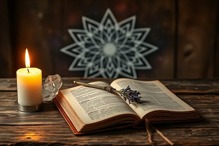 Fotografía cinematográfica de un altar rústico de madera con una vela blanca encendida, un cristal de cuarzo transparente, un diario abierto con una pluma antigua y una ramita de lavanda, con luz suave y cálida.