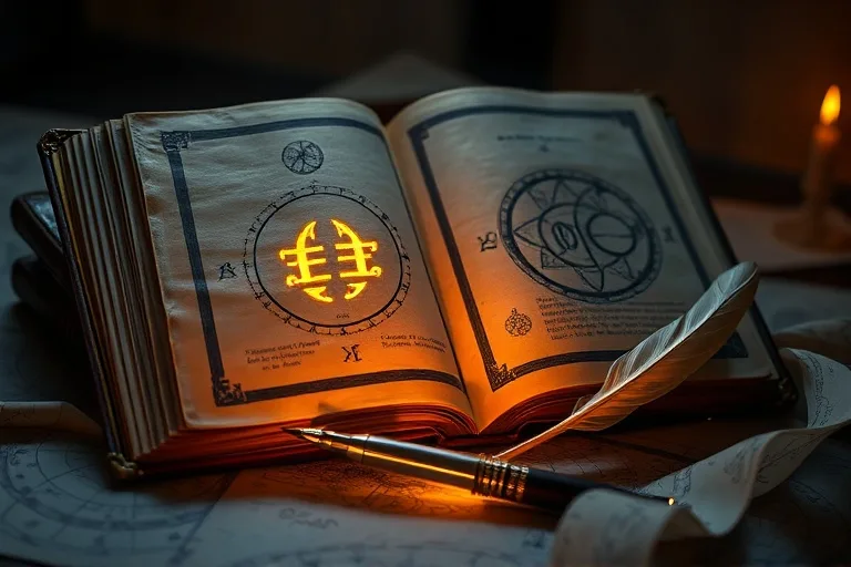 Fotografía macro de un libro antiguo abierto con símbolos luminosos, rodeado de cartas astrales y una pluma, evocando la curiosidad intelectual y el estudio astrológico.