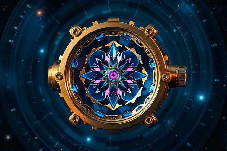Arte conceptual de un caleidoscopio hecho con engranajes y espejos, reflejando patrones cambiantes, sobre un fondo cósmico, simbolizando la adaptabilidad y evolución constante.