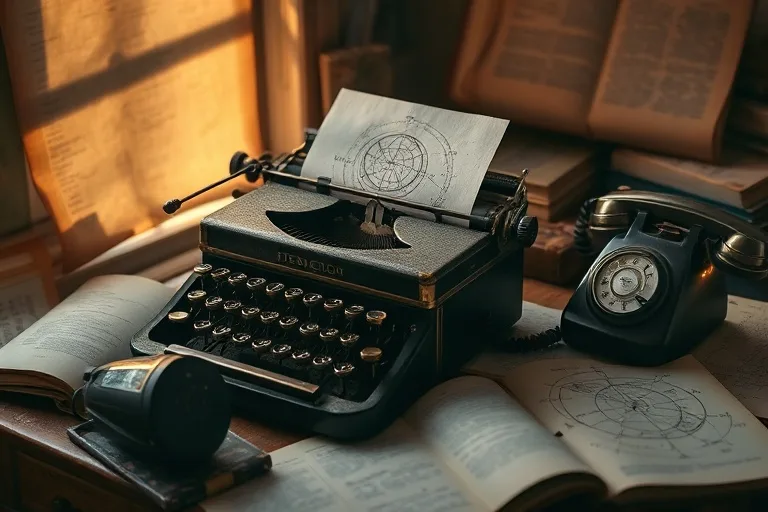 Fotografía cinematográfica de una máquina de escribir antigua con un manuscrito a medio hacer, rodeada de libros abiertos y papeles con diagramas, un teléfono de disco vintage descolgado, todo iluminado por una luz cálida y suave, con poca profundidad de campo.
