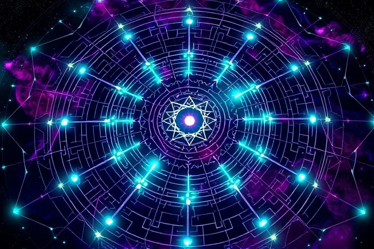 Arte conceptual de un laberinto intrincado con caminos interconectados y nodos luminosos, simbolizando procesos de pensamiento complejos y redes neuronales, visto desde arriba, con luces sutiles que resaltan diferentes rutas, en tonos púrpura y verde oscuro.