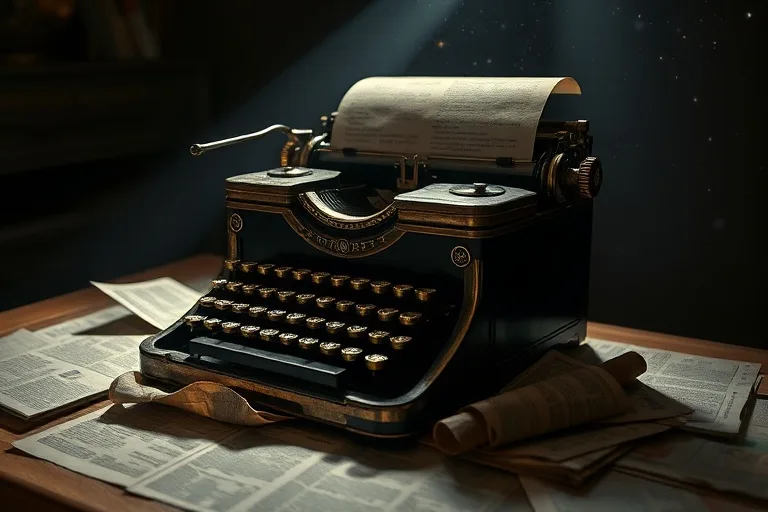 Una máquina de escribir antigua con un guion a medio escribir y recortes de periódico sobre dualidad, iluminada dramáticamente.