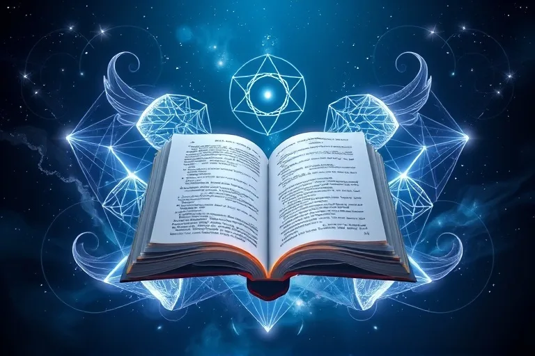 Un libro abierto flotando con símbolos luminosos, rodeado de corrientes de aire y formas geométricas, en tonos azules y plateados.