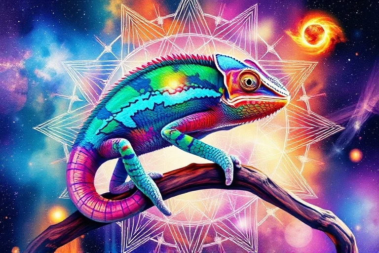 Pintura acuarela abstracta de un camaleón fusionándose con un fondo de colores cambiantes y formas geométricas, representando la adaptabilidad y la mutabilidad.